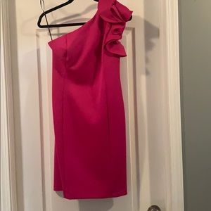 Hot pink one shoulder ruffle dress.